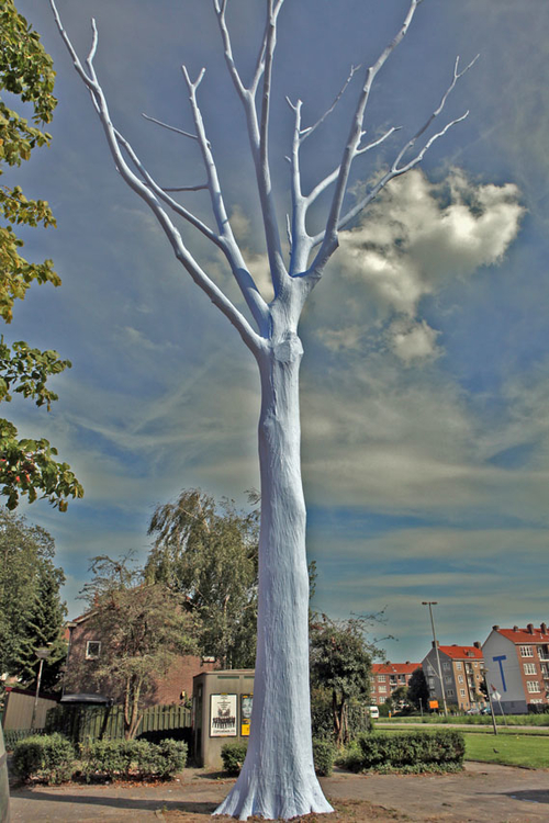 De blauwe boom De kunstboom in de Burgemeester van Leeuwenlaan die geschilderd is nadat de schors verwijderd is. Foto: Jaap Wals, september 2010 