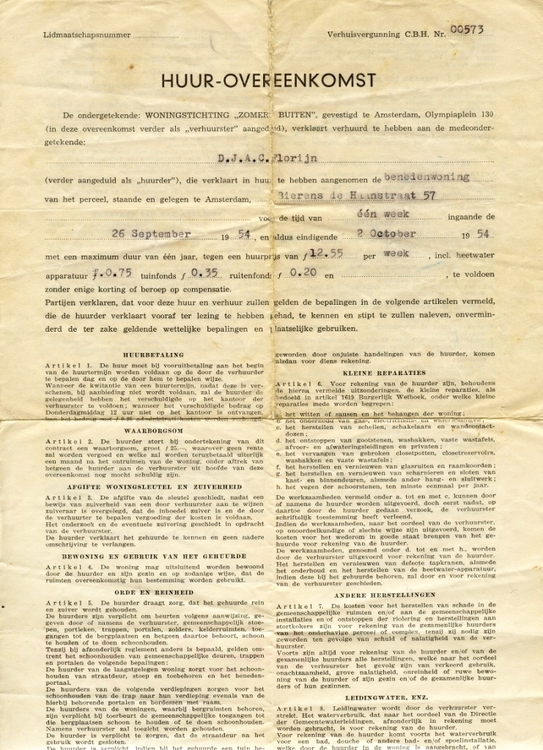 Huurovereenkomst Huurovereenkomst uit 1954 voor de woning Bierens de Haan straat 57.<br />Kopie: Anita Florijn 