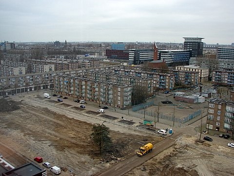 Uitzicht vanaf de flat Blauwvoetstraat met in het midden een eenzame boom Foto: Annick van Ommeren-Marquer, 24 februari 2009 