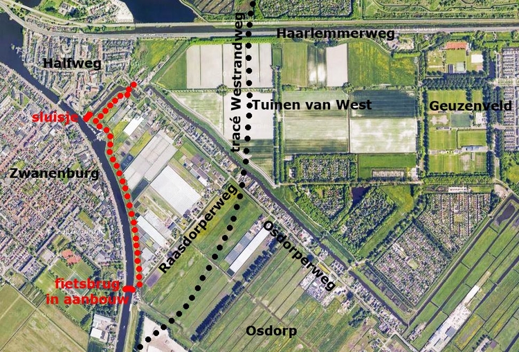 De nieuwe fiets- en wandelroute (rode stippellijn) Kaart: Google Maps, bewerking Jan van Zijp 
