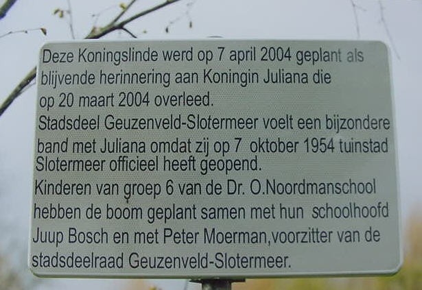 Koningslinde Koningslinde Konigslinde, stadsdeel Geuzenveld Slotermeer 2004 (met spelfout in naam van Noordmansschool én met verkeerd jaartal!) 
