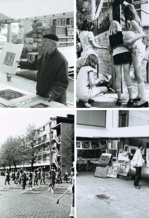 Kunstmarkt 1972: met linksonder het  Slotermeerse tambour- en majorettencorps Confusius Foto's: collectie Fons Wegman 
