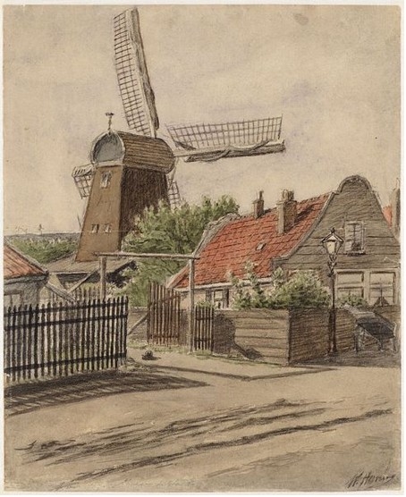 Voorweg met molen de Valk circa 1894 (nu: Frederik Hendrikstraat) Tekenaar is W.Honing, collectie tekeningen en prenten, Stadsarchief Amsterdam. 