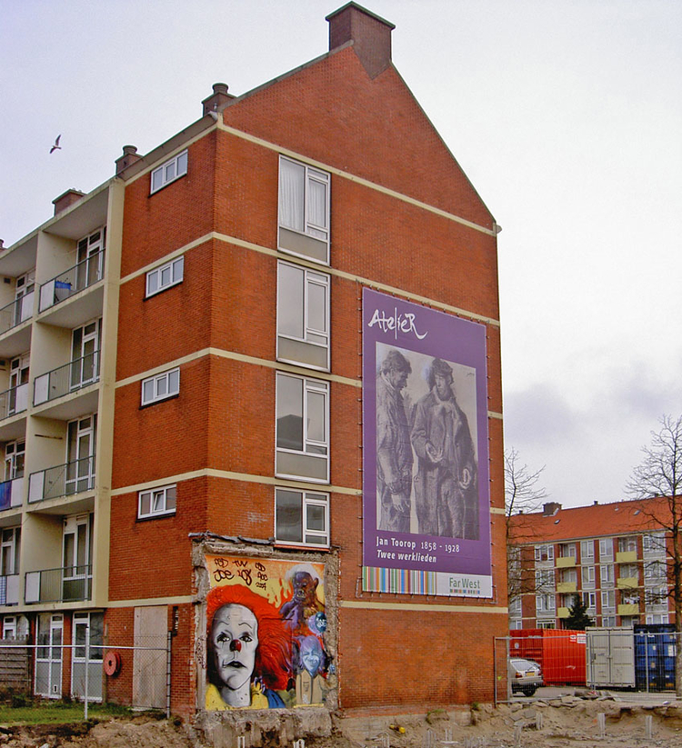 De kleurrijke muurschildering op de hoek van de Postjesweg en de Jan Mankestraat,  naast het werk van een grote meester: Jan Toorop wie, wat, wanneer, waar Foto: Jan van Zijp, 6 januari 2008 