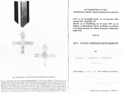  Toekenning Verzetskruis aan Herman Ruhe in 1982 