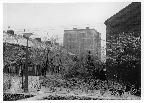 Winter Cornelis Vriendtstraat 2 Winter in de Cornelis Vriendtstraat met op de achtergrond het nu gesloopte bjaardenhuis Geuzenveld. (Foto: winter 1974/1975, Helmich Pranger) 