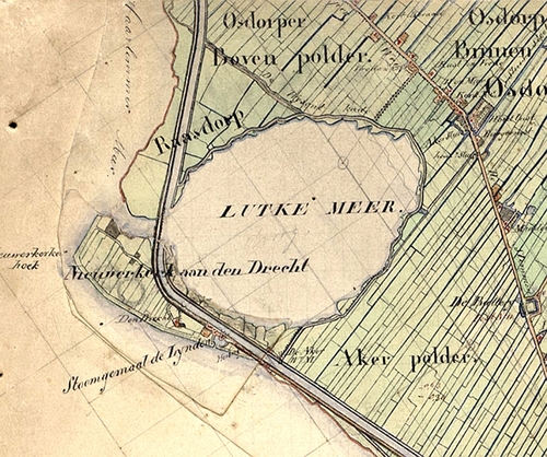 Lutkemeer - Raasdorp. Op de Topografische Militaire Kaart uit 1849 is goed te zien dat de nieuwgegraven Ringvaart om de Haarlemmermeer de landtong Raesdorp doorsnijdt. 