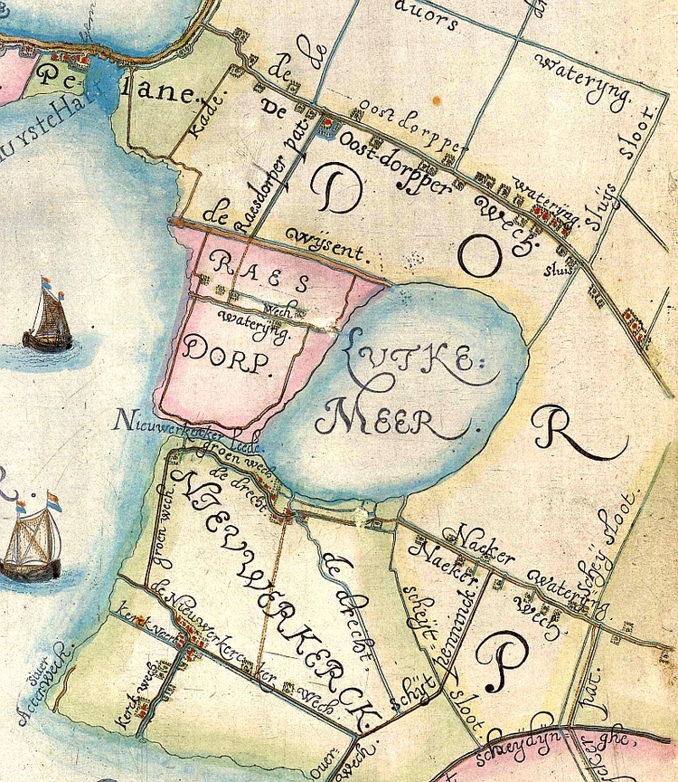 Raesdorp 1615. Een fragment van de door Floris Balthasar gemaakte kaart uit 1615 van het Hoogheemraadschap Rijnland met daarop Raesdorp en omgeving: links het Spieringmeer, boven Oostdorp, rechts het Lutkemeer en onder Nieuwerkerk. 