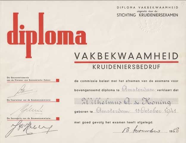 diploma vakbekwaamheid kruideniersbedrijf van Wim de Koning  